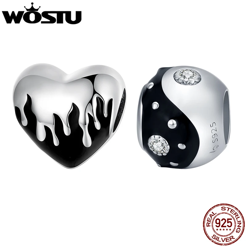 WOSTU 100% 925 Sterling Silver Black&White Contrasting Color Burning Love Charm Beaded for Women Fit DIY Bracelet Bangle Jewelry