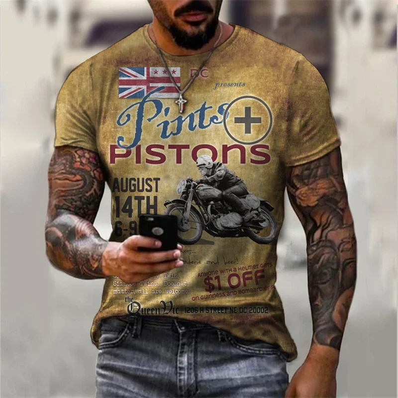 Men's Vintage Motorcycle Pints Pistons Print T Shirt Short Sleeve Crew Neck Retro Style Tee