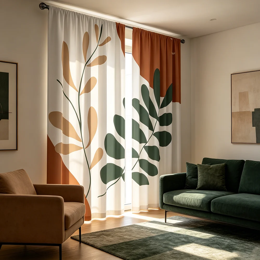 2PCS Digital Print  Curtain, Orange Green Leaves, Bohemian Style  Curtain Panel for Home Living Room Bedroom Decor