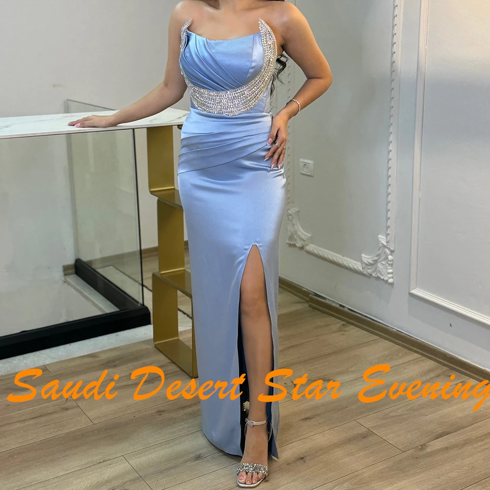 مزاجه الجبهة الشق الطيات كريستال حمالة فساتين السهرة رشيقة مستقيم الساتان الأزرق رداء حفلات vestidos de fiesta