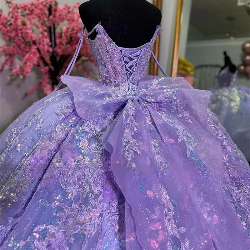 Vestido Quinceanera com renda com espartilho de renda, vestido de baile frisado, roxo lilás, vestido Sweet 16, 15 Quinceanera, 2024