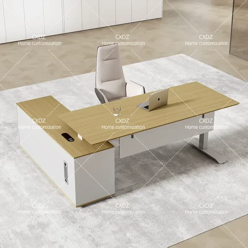 Electric Height Adjustable Desk Wood Grain Finish Modern Executive Office Table with Chair Set Simple Luxury Manager