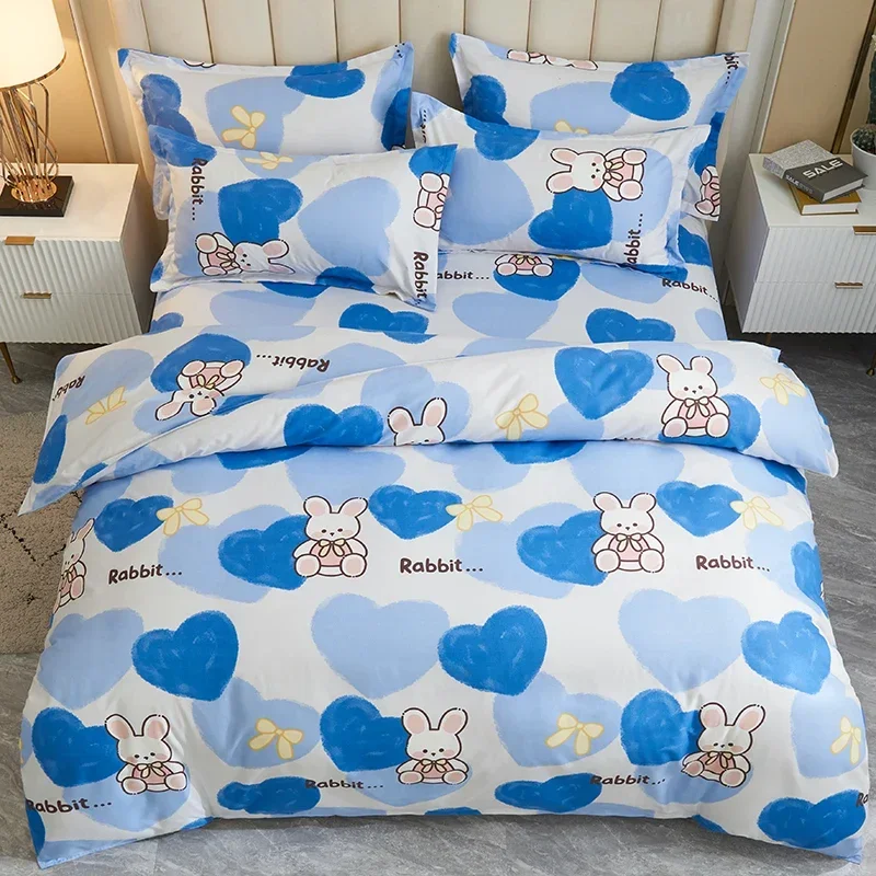 Kawaii Bunny Duvet Cover Cartoon Rabbit Blue Love Heart Print Bedding Set-1 Reversible Quilt Cover + 1 Flat Sheet + 2 Pillowcase