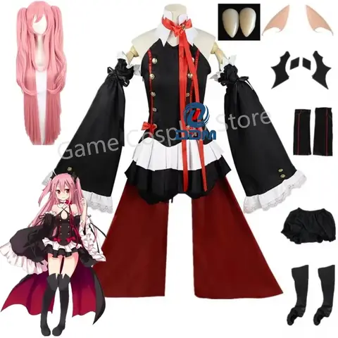 끝의 애니메이션 Seraph Krul Tepes 코스프레 뱀파이어 가발 엘프 귀 코스프레 의상 여성용 할로윈 카니발 파티 Comic Con