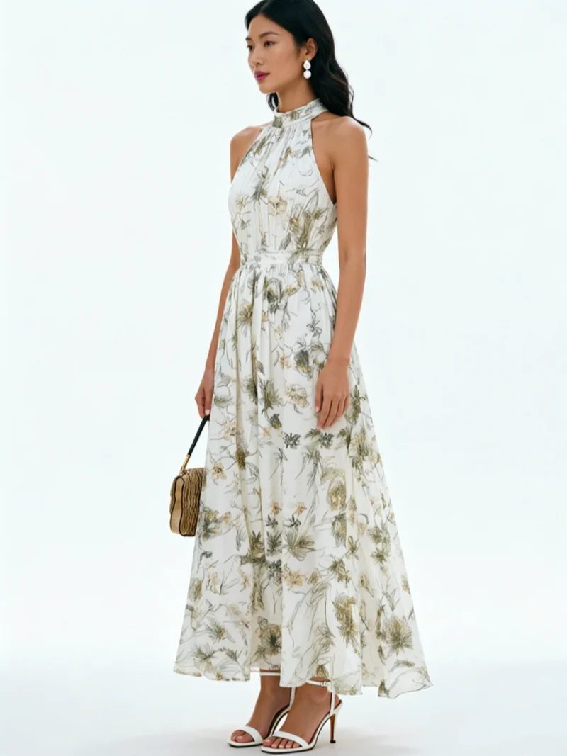 Vestido largo de gasa sin mangas con cuello halter y estampado floral para mujer, con lazo en la cintura, para fiesta