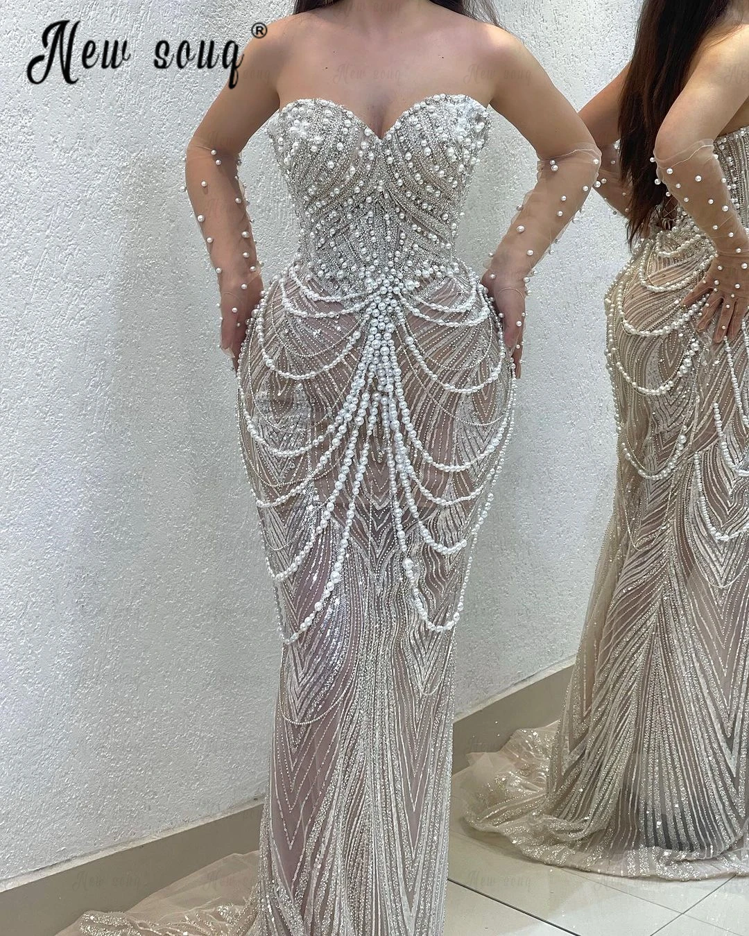 Vestido de festa pérola com borla, Vestido Midi, Noite de Dubai, Vestido Sereia Querida, Elegante, Chique, 2024