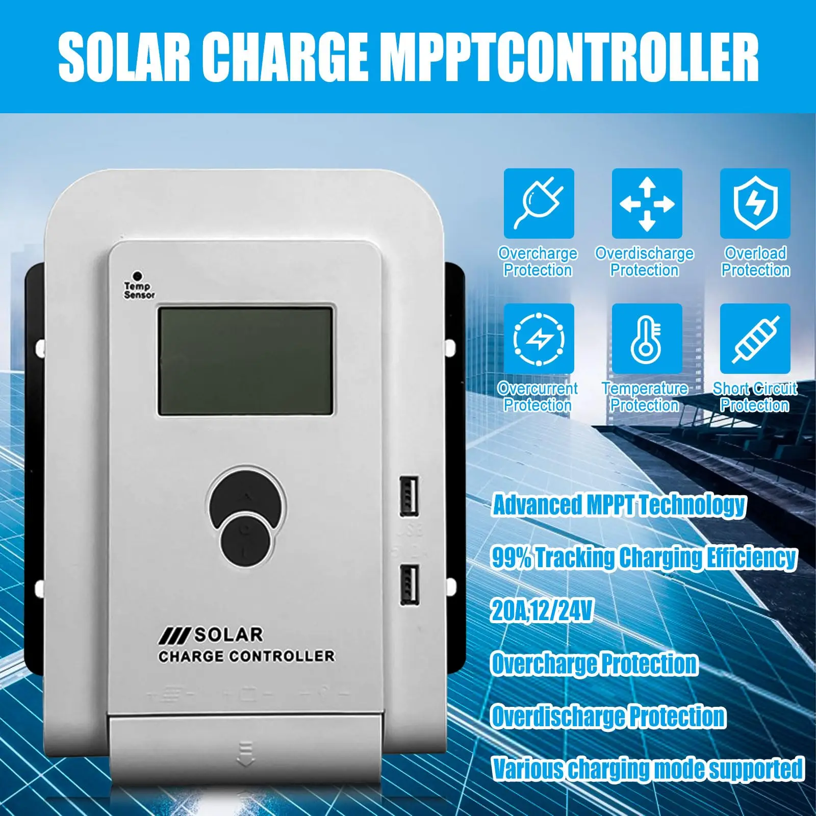 MPPT 24V/12V Auto Solar Charge Controller 60/40A/20A LCD Dual USB Regulator AGM, Gel, SEL, Flooded and Lithium Battery Charger