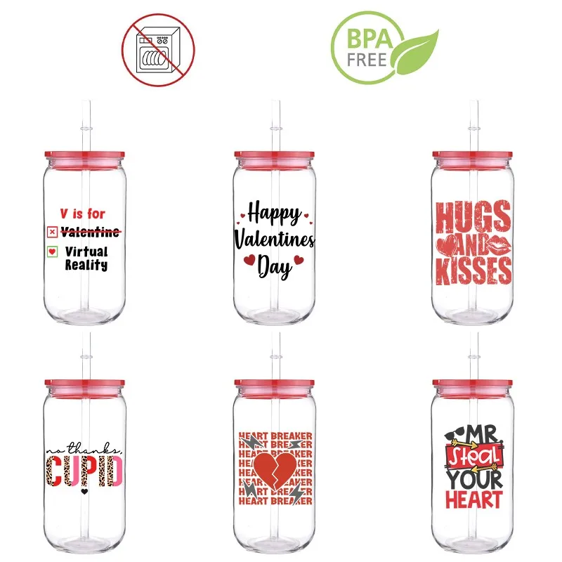 Happy Valentine Printed Transfer BPA Free Plastic Straw Cup Comes With Sreaw And Cup Lid Can Coffee 16 OZ Kisses