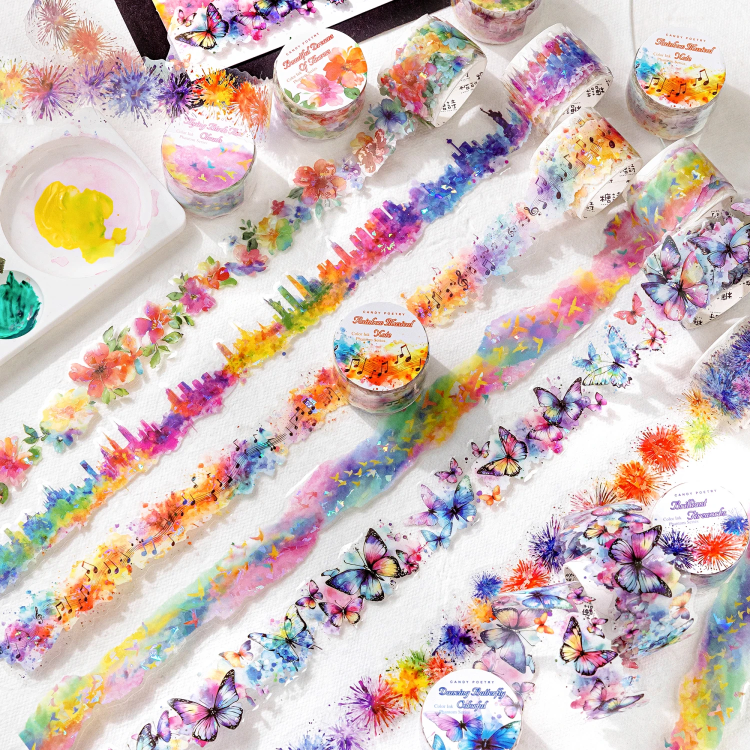 1 Roll Holographic Rainbow Butterfly Floral PET Tape Hand Account Scrapbooking Journal DIY Supplies For Collage Art Decoration
