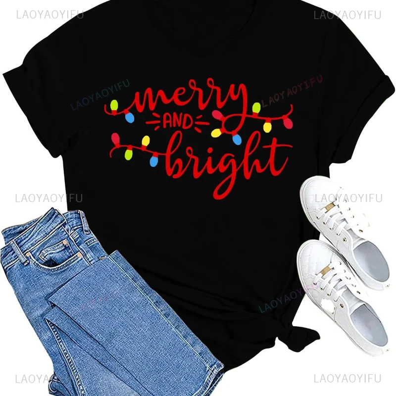 Funny Christmas Shirt Women Merry and Trendy Shirt Xmas Holiday T Shirt Christmas Lights Tees Tops Pure Cotton Round Collar Tee