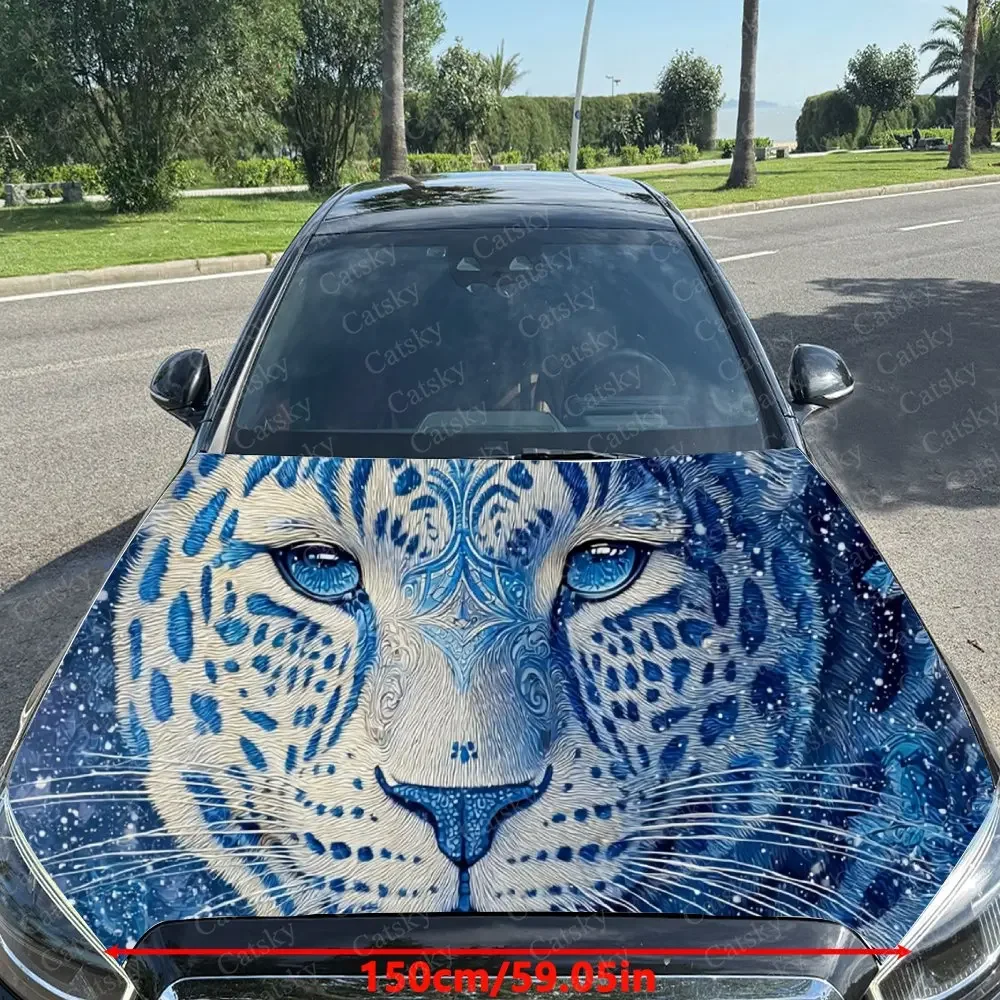 Blue Eyed Ice Blue Cheetah Car Hood Decal Sticker, Durable Car Vinyl Wraps Suitable For Most Vehicles, Car Engine Hood Protectiv