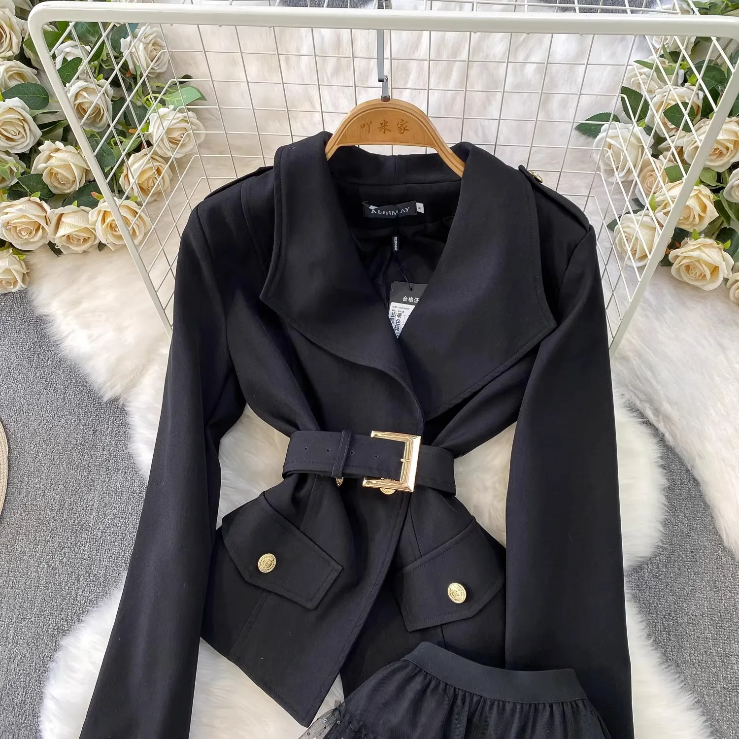 Slim Fit 2-Piece Blazer And Skirt Set Elegant Mesh Long Sleeve Notched Lapel Office Workwear with Belted Waist for Women