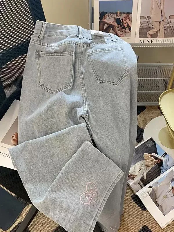 女性のためのイチゴの刺jeansジーンズ,韓国のファッション,ワイドレッグ,ゆったりとしたデニムカジュアルパンツ,原宿スタイル