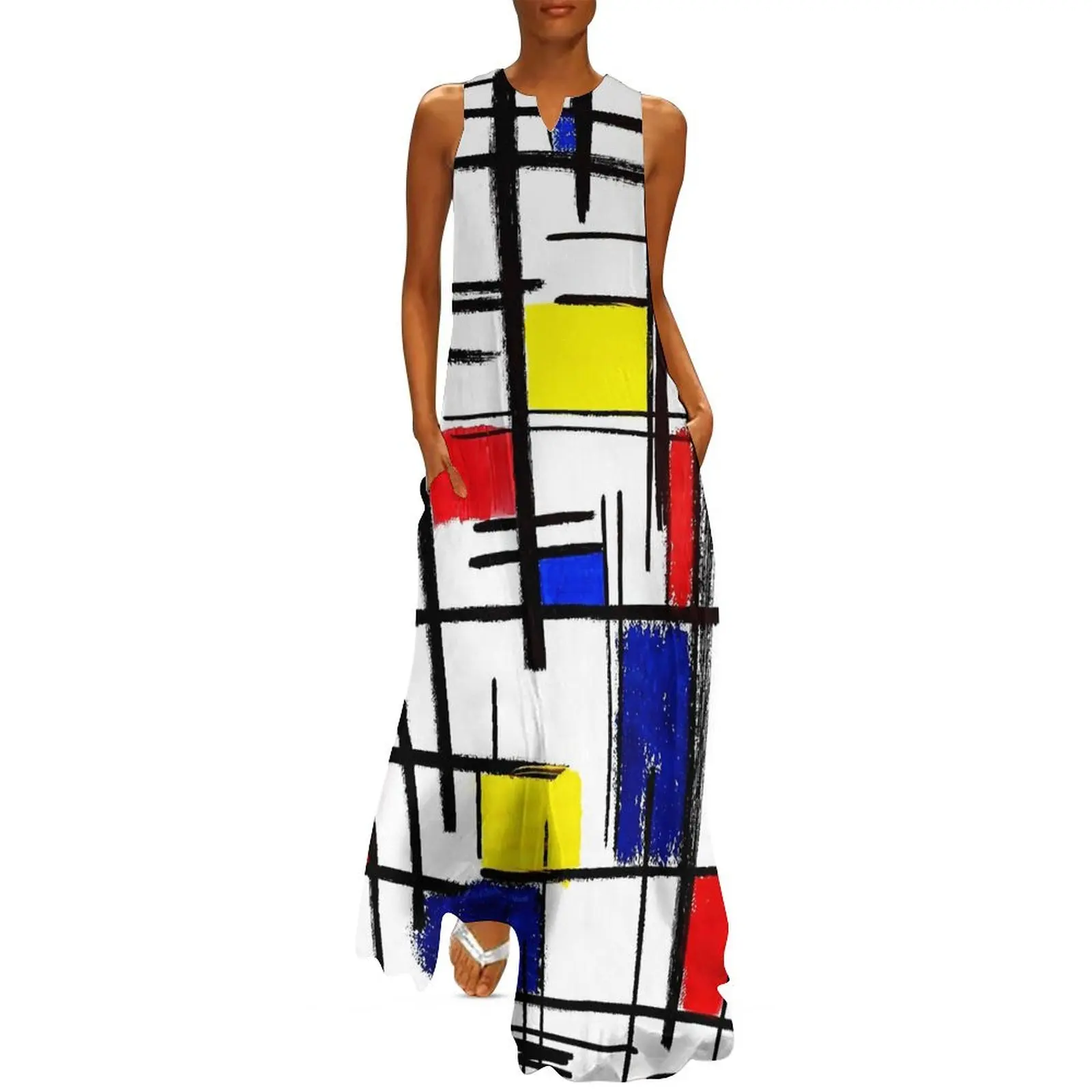 Color Block Art Dress Summer Mondrian Minimalist De Stijl Aesthetic Casual Long Dresses Women Graphic Vintage Maxi Dress