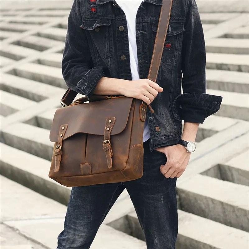 Vintage crazy horse cowhide men's handbag briefcase high-quality natural genuine leather office laptop shoulder messenger bag