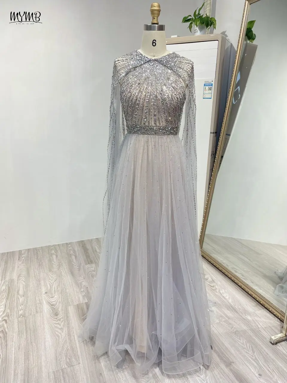 MYMB Luxury Grey Cape Sleeves A-Line Beaded Elegant Women Wedding Guest Dress for Arabic Evening Party vestidos de gala DKN0344