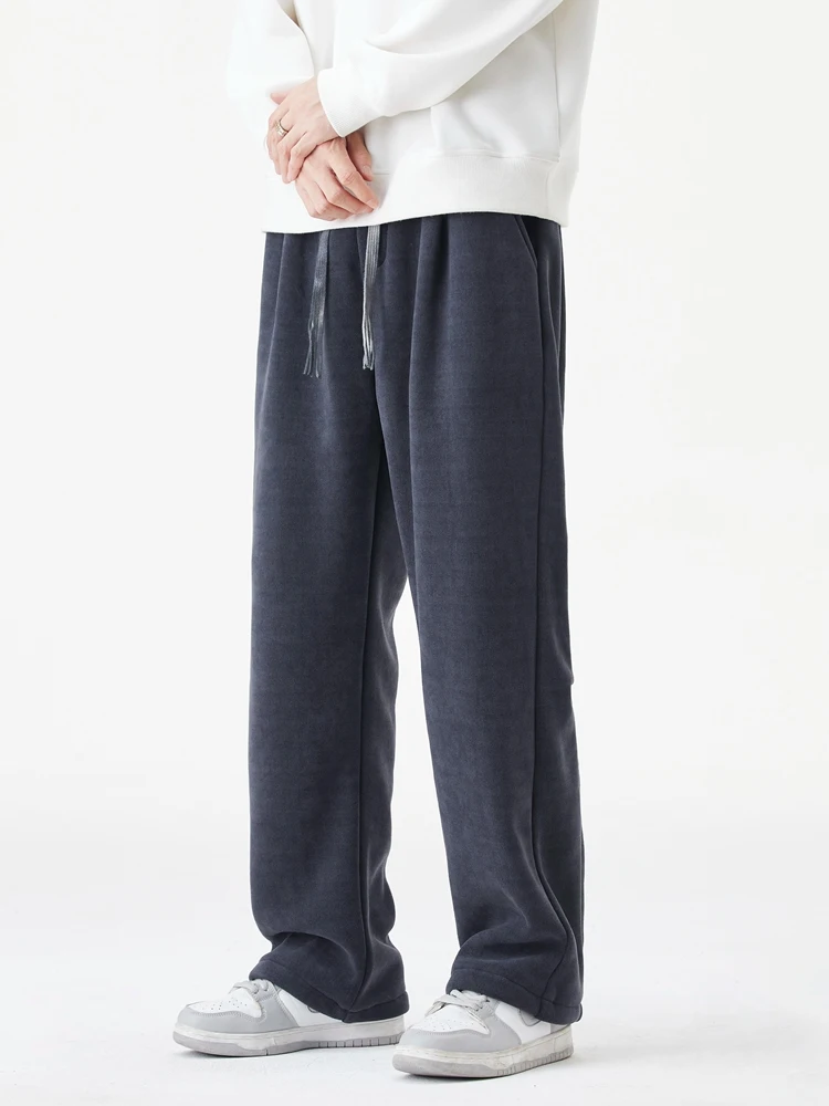 الشتاء سميكة الدافئة الصوف Sweatpants الرجال الكورية موضة مرونة الخصر واسعة الساق فضفاض مستقيم بنطلون الذكور الحرارية بنطال رياضي