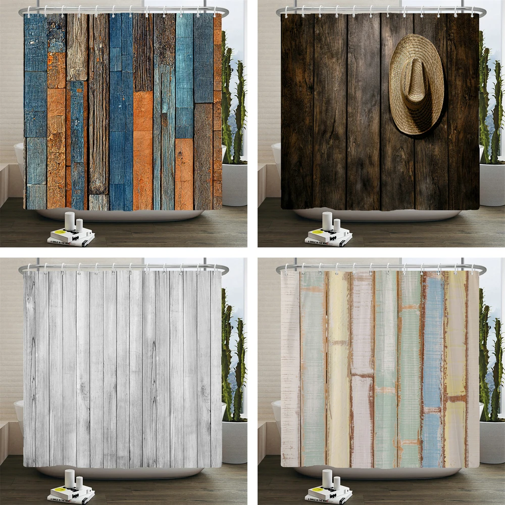 

Rustic Shower Curtain Vintage Vertical Wood Planks Distressed Rustic Hardwood Design Fabric Bathroom Decor Curtain with Hooks