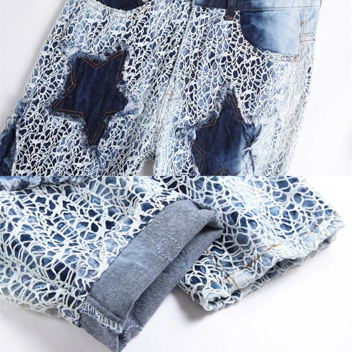 Winter Leopard Tattered Jeans Men's Snake Skin Embroidery Worn High Elastic 3D Inner Stars Zipper Bleached Slim Fit Pants Pocket