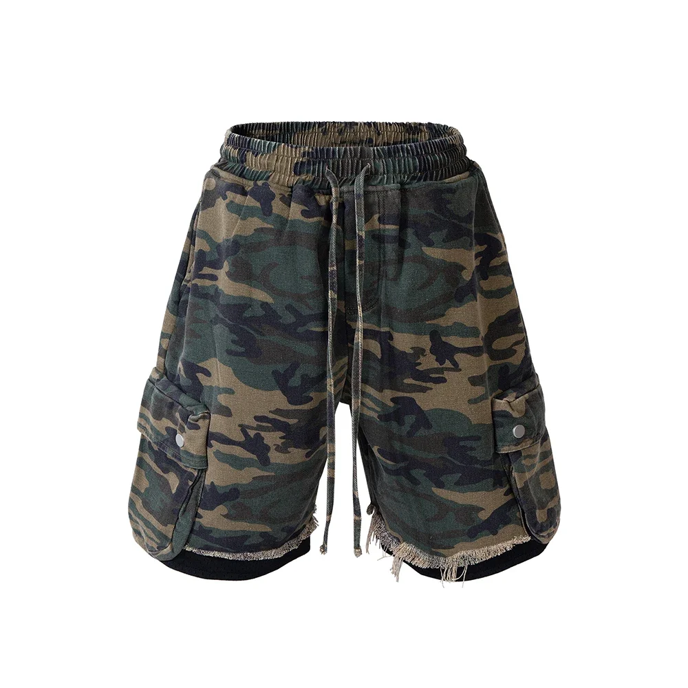 

High Street Pocket Camouflage Cargo Shorts for Men Wide Leg Patchwork Summer Knee Length Pants Oversize Drawstring Short