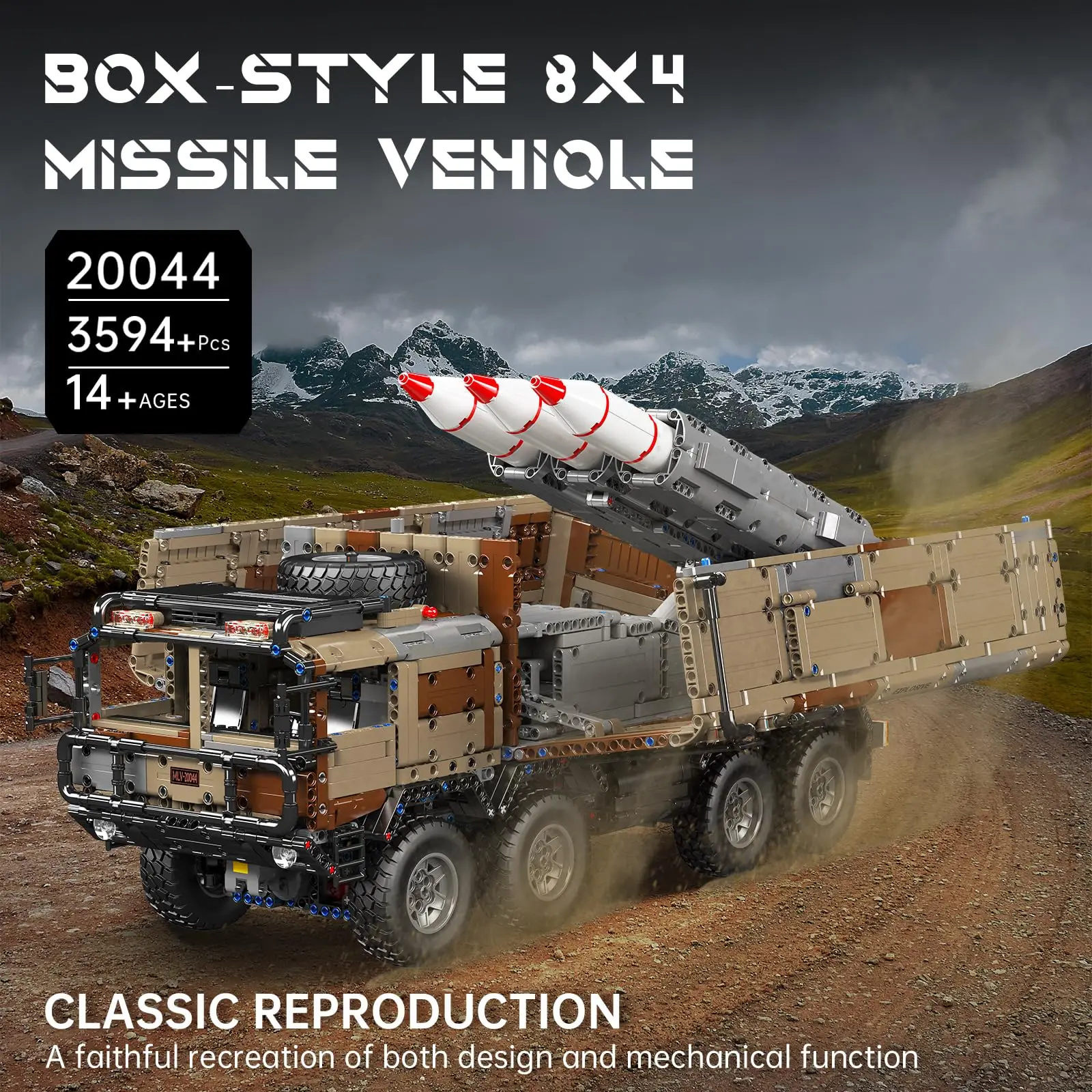 ตัวต่อ Mould King 20044 รถขีปนาวุธทหาร 8x4 รุ่นทะเลทราย ของเล่นตัวต่อแบบประกอบเอง ควบคุมด้วยแอพพลิเคชั่น พร้อมรีโมทคอนโทรล ชุดตัวต่อสำหรับเด็ก