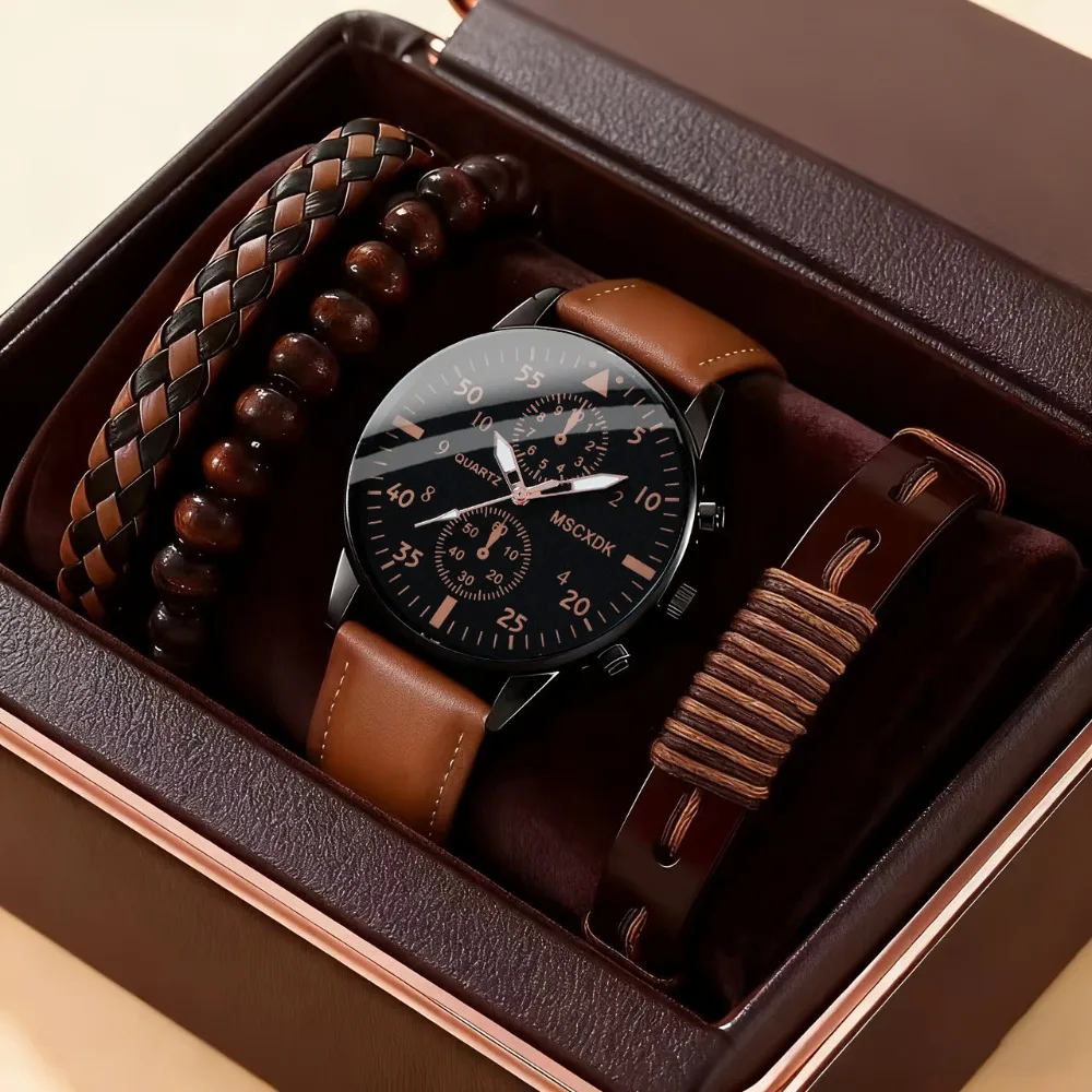 4Pcs Men Round Quartz Watch & Braided Bracelet Set, Gift for Dad Friends Family for Valentine Party Daily Wear Gift Box Excluded