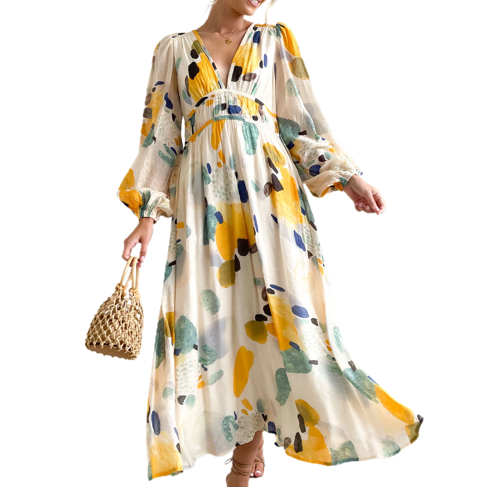 Robe longue bohème à imprimé floral pour femmes, col en V, manches longues, décontracté, élégant, plage, vacances, fête