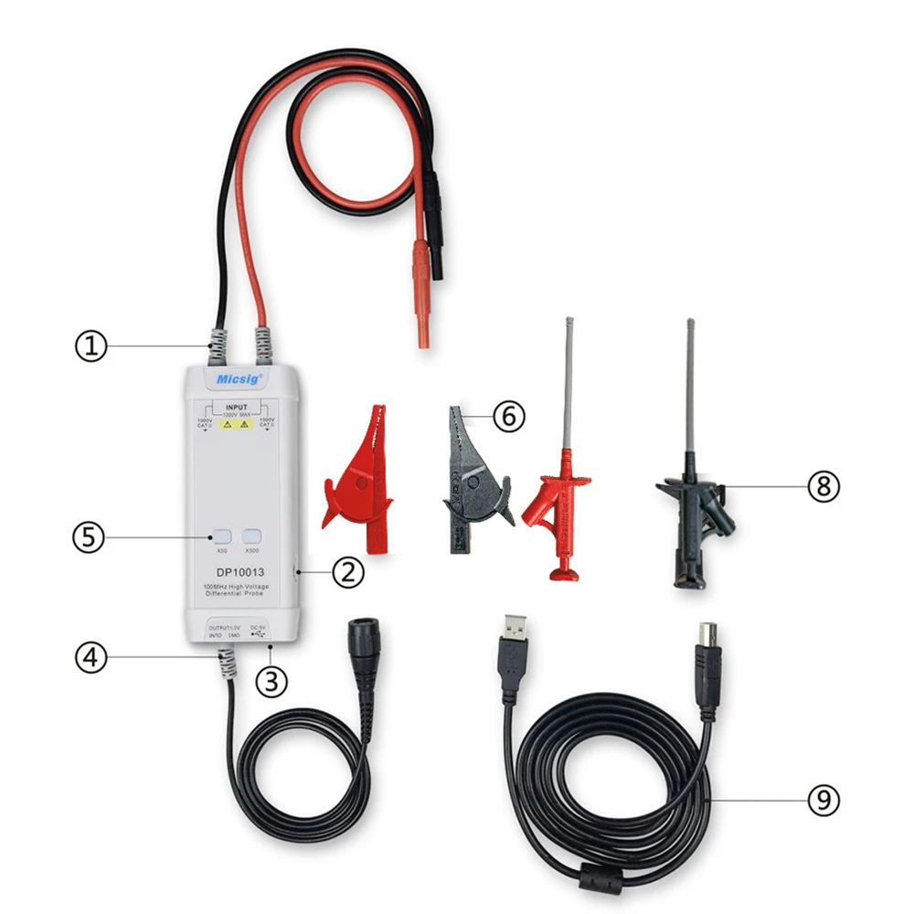 New Micsig-High Voltage Differential Probe Kit, Oscilloscope DP10013, 1300V, 100MHz, 3.5ns Rise Time, 50X, 500X Attenuation Rate