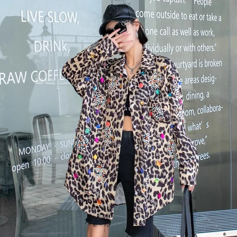 Harajuku Vintage Perle Perlen Diamanten Leopard Print Frauen Dünne Hemd Jacke Lose Beiläufige Revers Langarm Weibliche Jacke Mantel