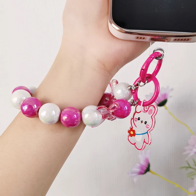 Mobile Phone Lanyard Wrist Beaded Chain Colorful Round Bead Pendant Cute Rabbit Tag Hanging Decoration Hand Chain