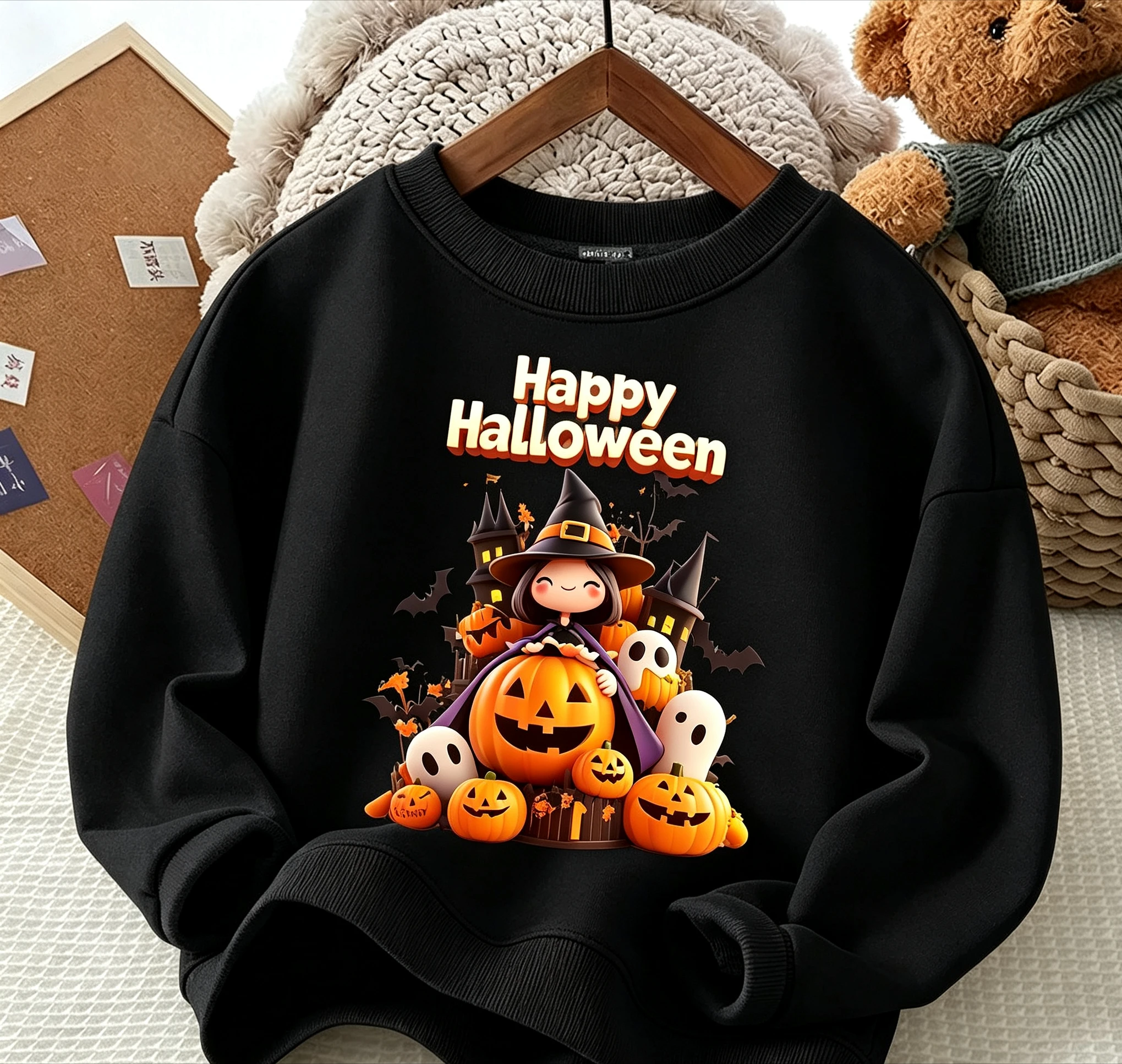 Kids Halloween Cute Witch Sweatshirt Pumpkin Ghost Print Boys Girls Long Sleeve Pullover Party Children Tops