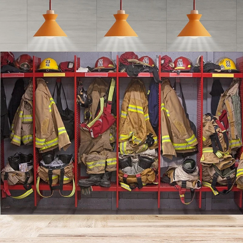 

Firefighter Locker Room Photography Backdrop Fire Station Firefighter Suits Background Birthday Home Party Backdrop Wall Banner