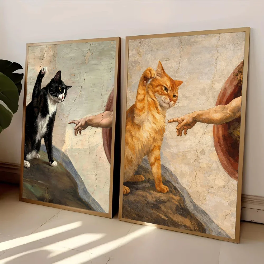 Multiple sizes 1pc frameless Canvas Painting,God Hand Cat and Dog Prank Wall Decorations Cat Licking Finger Canvas Painting Wall