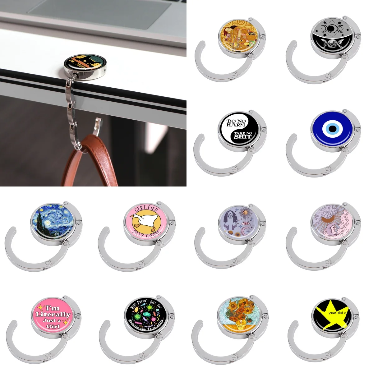 Black Cat Handbag Hooks Folding Metal Table Bag Holders Portable Purse Hangers Parts Accessories Vintage Moon Non-Slip Hooks