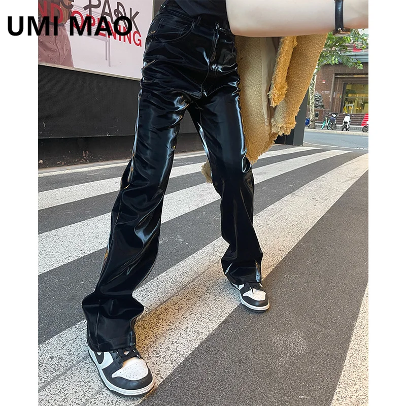 UMI MAO American Liquid Black Leather Pants Sky Realm Women's Pants High Waist Slimming Straight Leg Leather Trousers Women