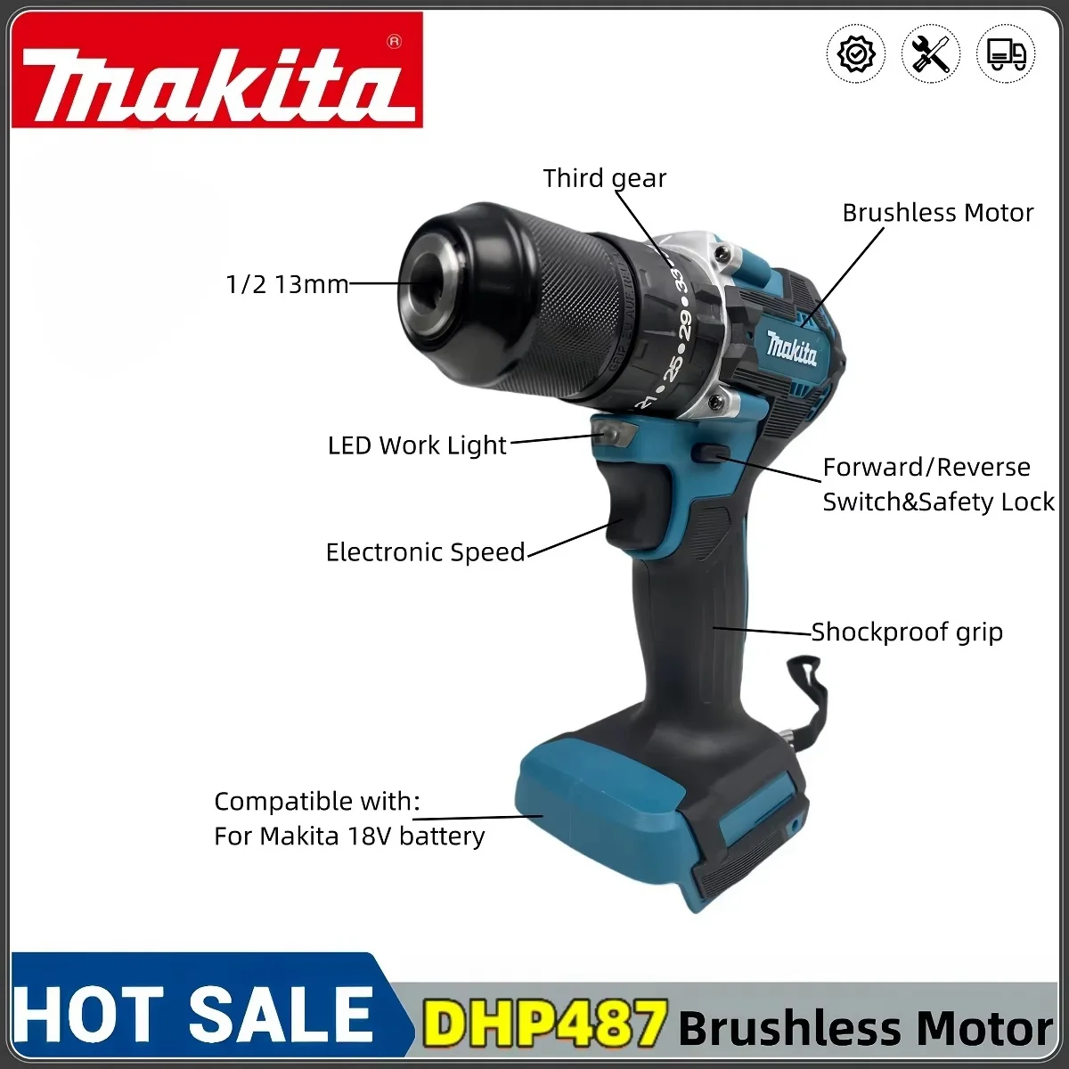 Makita-taladro eléctrico de 18v, destornillador, martillo, Motor sin escobillas, impacto, herramientas eléctricas de velocidad Variable, DHP487