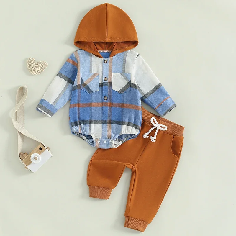 SUNSIOM 0-24 Months 2Piece Baby Boys Clothes Set Chest Pocket Button Long Sleeve Hooded Romper Long Trousers Fall Casual Outfits