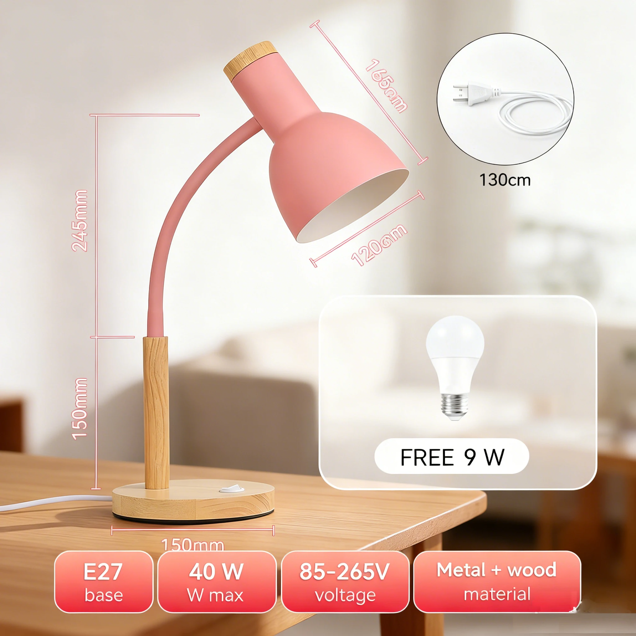E27 Led Desk Lamp Replaceable Bulb Wood Base Desk Lighting for Indoor Study and Work Reading Table Lamp with European Plug