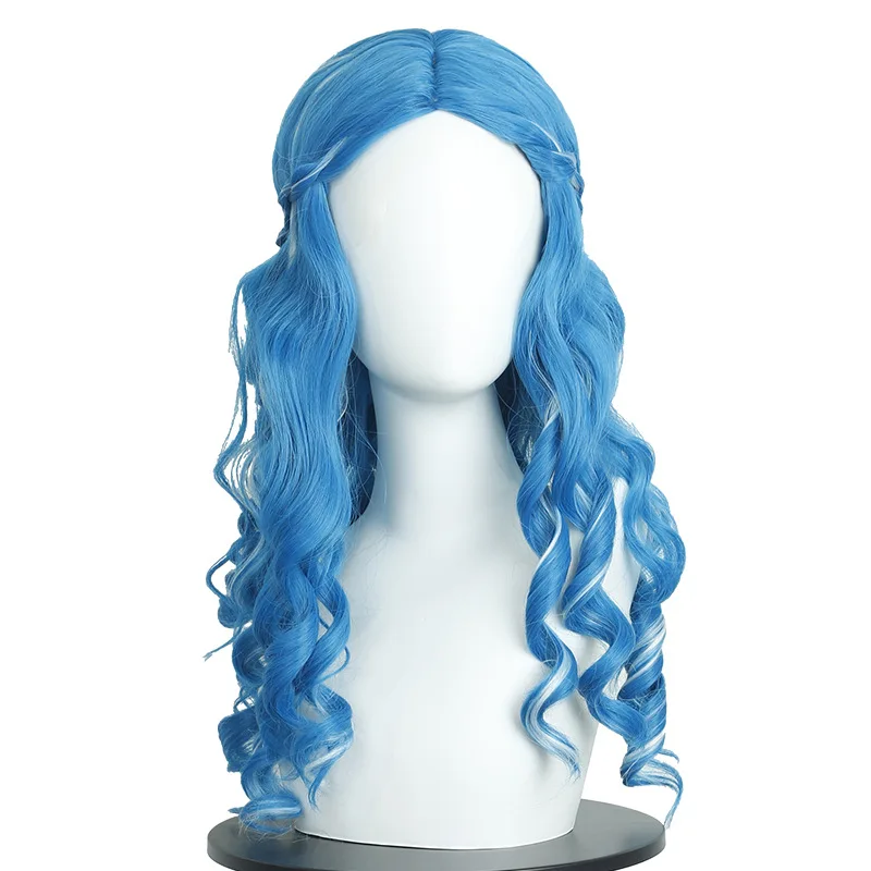 Anime-Perücke, weiße Königin, Alice, Cosplay-Perücke, langes lockiges Haar mit blauem und weißem Farbverlauf