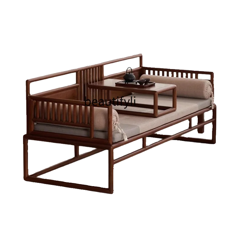 Modern simple fabric sofa living room, solid wood Arhat bed, walnut small apartment