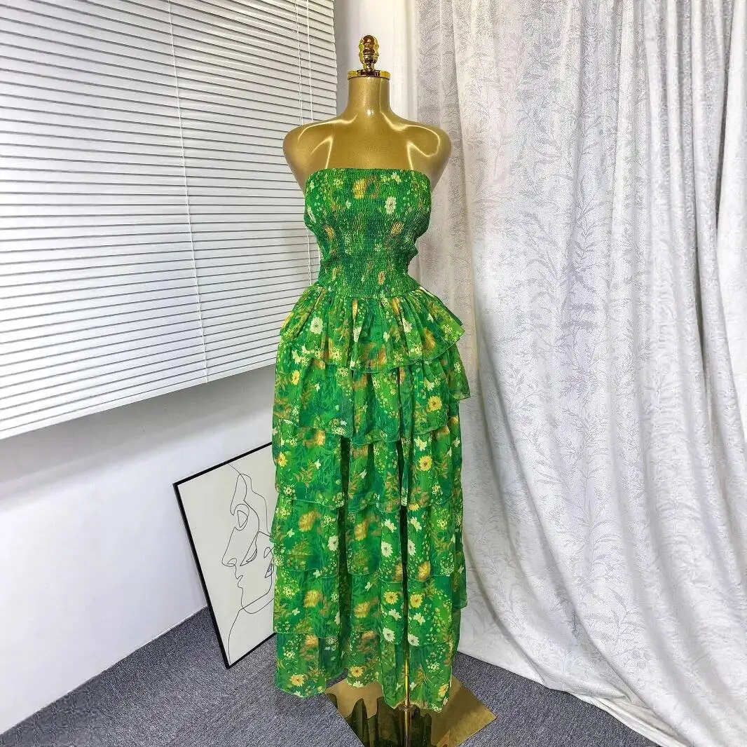 Verão elegante estilo praia vestido verde feminino elegante impresso fora do ombro sem alças vestidos longos senhoras babados camada longo robe