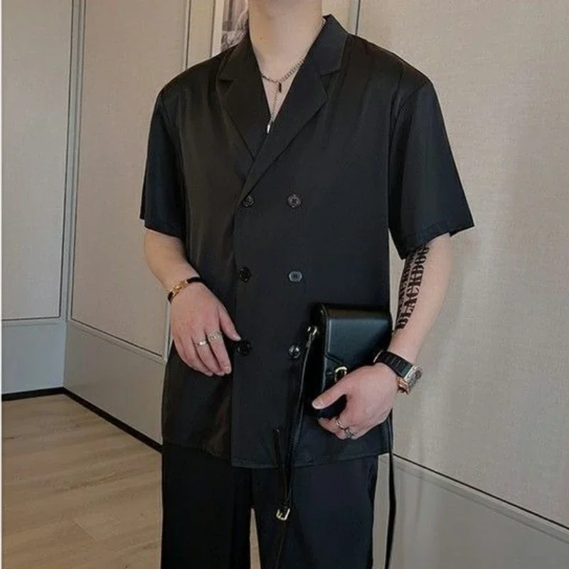 

Black Man Trousers Sets Smooth Nylon Korean Two Piece Set Stretch Style 2025 Baggy Summer Clothes Tee Shirts Pants Suits for Men