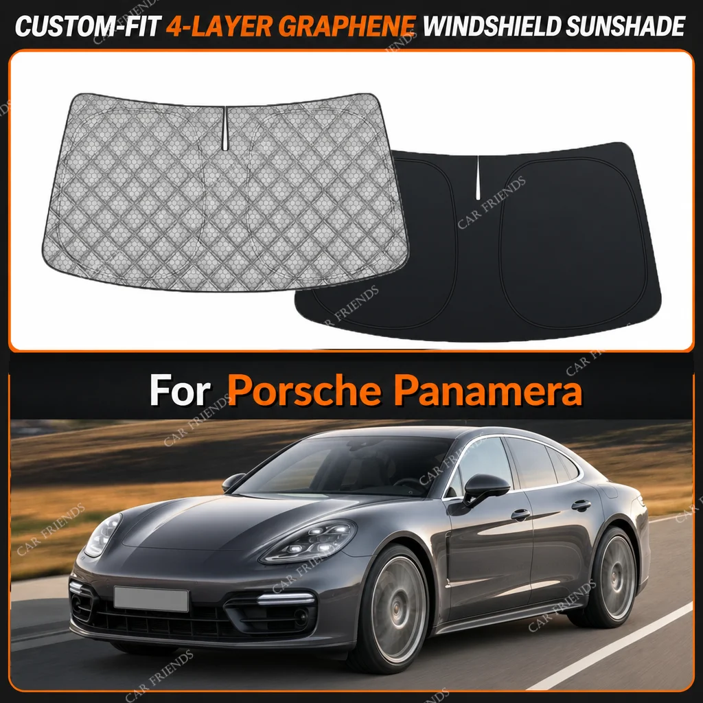 For Porsche Panamera Custom-Fit 4-Layer Graphene Windshield Sunshade Reflective Gray-Silver Surface Helps Reduce Direct Sunlight