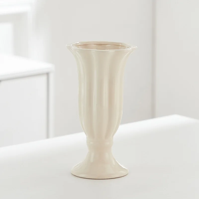 Cream Style Ceramic Flower Vase, French Petal Lily Shape for Hydroponic Plants, Living Room Table Decor