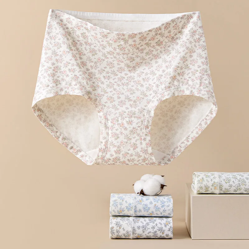 Женские трусики, пасторальное романтическое нижнее белье с цветочным принтом, удобные дышащие трусы с высокой талией, мягкое нижнее белье