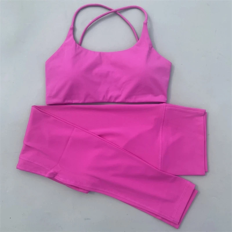 Solid Color Gym Yoga Set Women Yoga Set 2 Piece Workout Tracksuit Fitness Suit High Waist Legging Cross Back Sports Bra Athletic