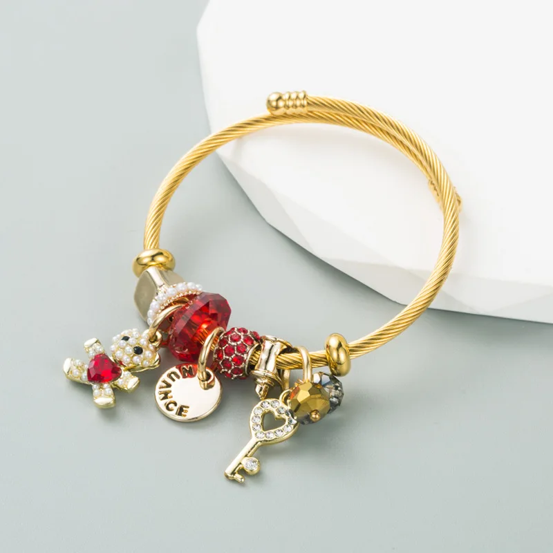 Fashion Red Crystal Bear DIY Charm Cuff Bracelet Resizable Jewelry Gold Color Open Bangles