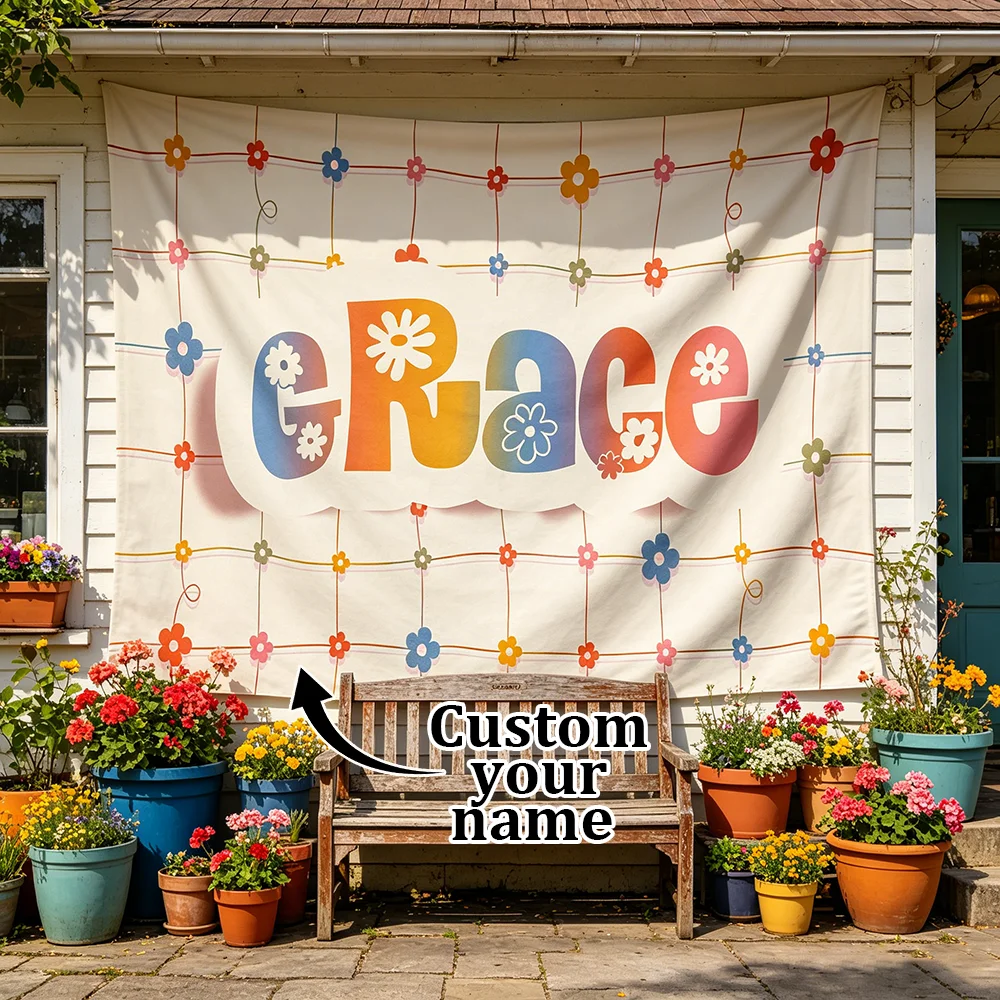 1PC Personalized Retro Floral Colorful Letter Name Tapestry Custom Groovy Flower Alphabet Wall Hanging Bedroom Aesthetic Decor
