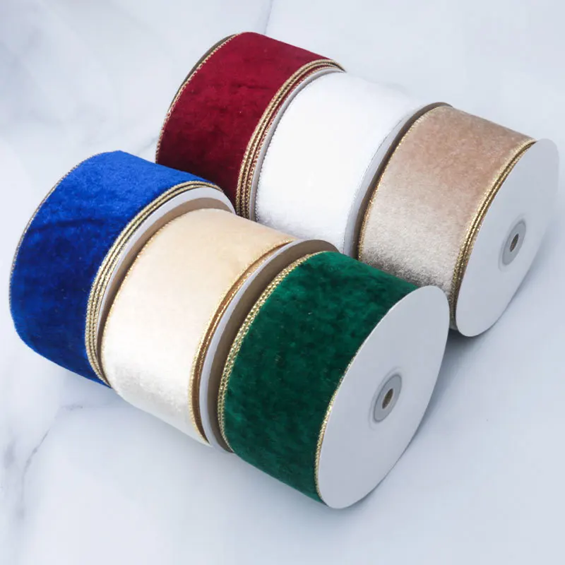 50MM Wired Edge Reversible Velvet Metallic Ribbon For Christmas Tree Decorations Bow Making New Year Gift Wrapping 10Yards Roll