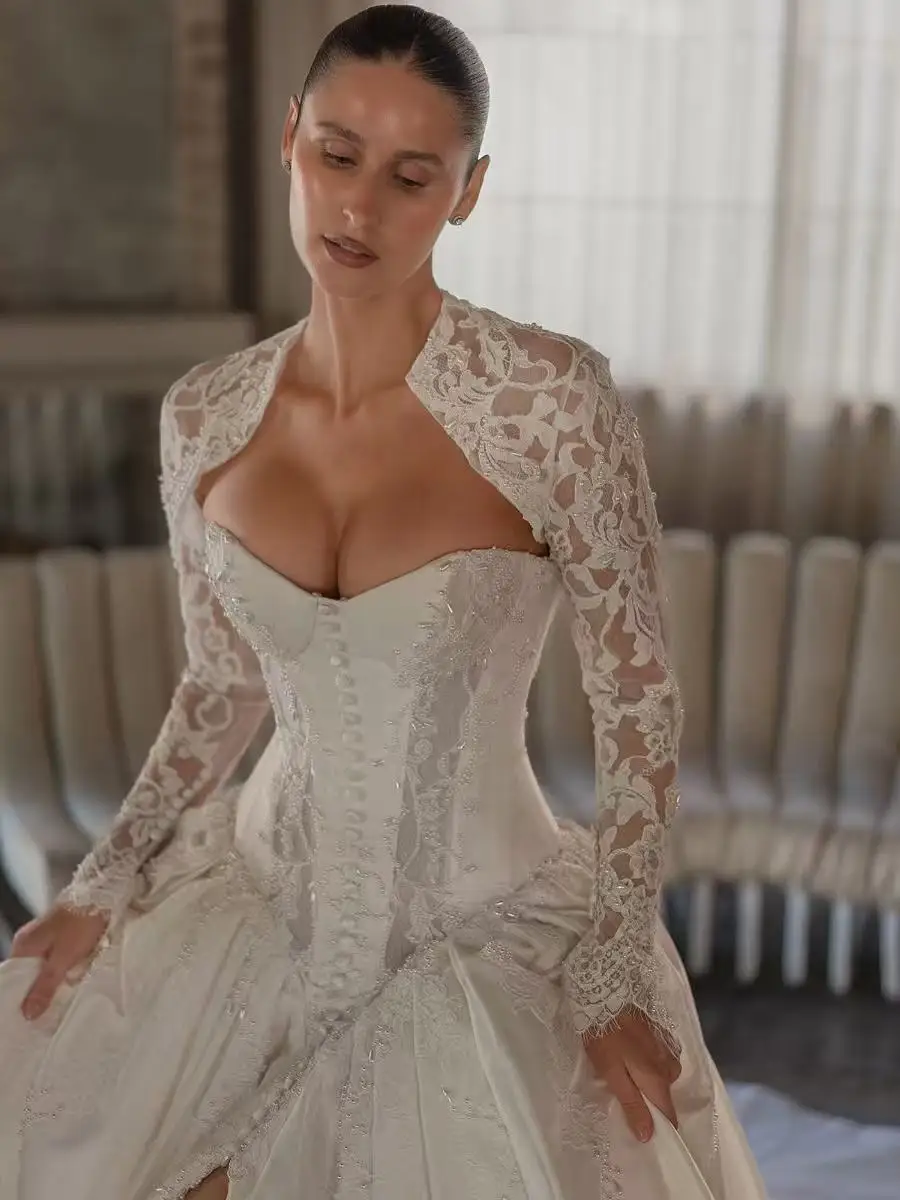 Luxury Satin Wedding Dresses For Bride Sweetheart Bone Corset High Slit Chapel Train Bridal Gown Detachable Lace Sleeve Bolero L